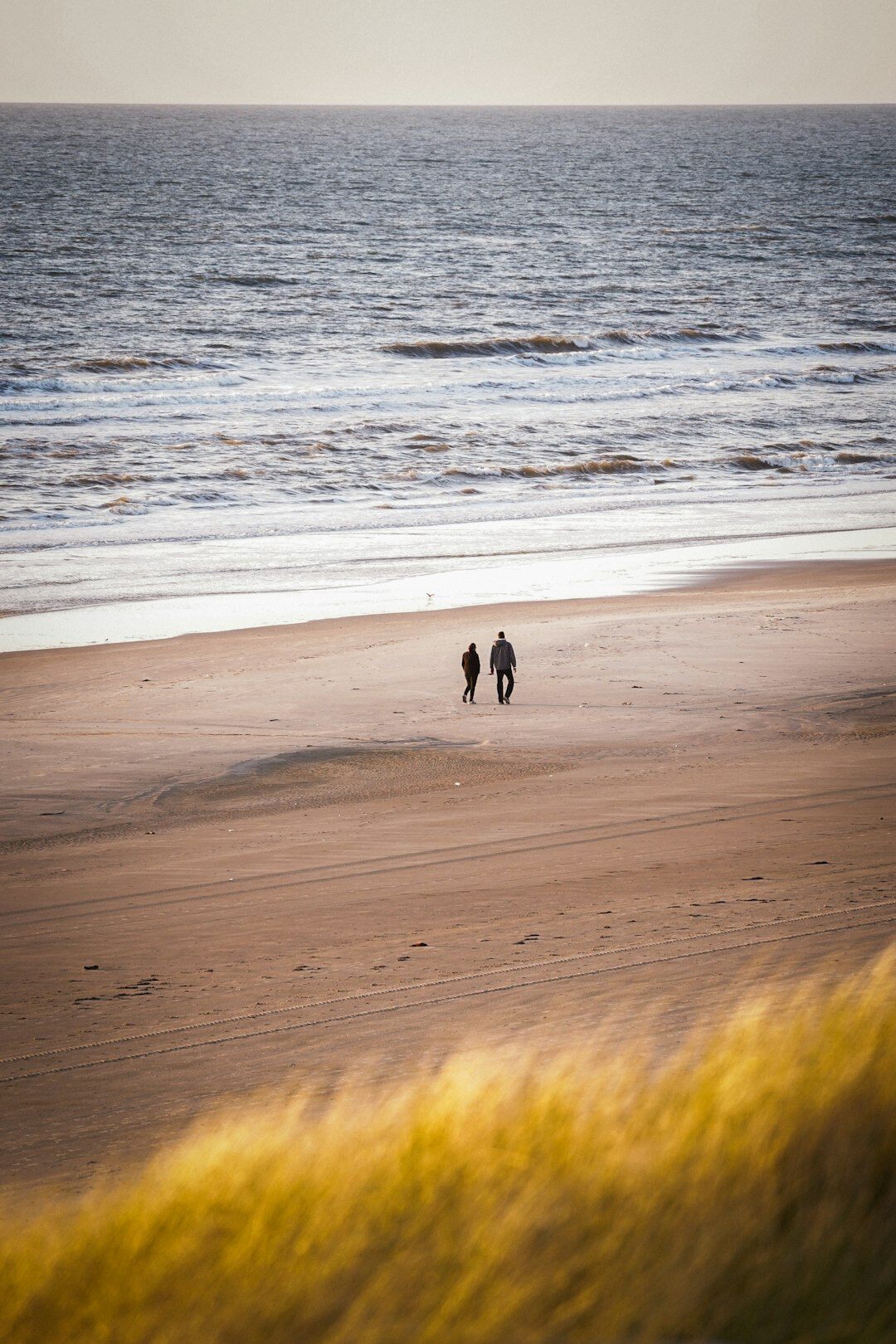 Young Danish couple walking hand in hand along a beach at sunset