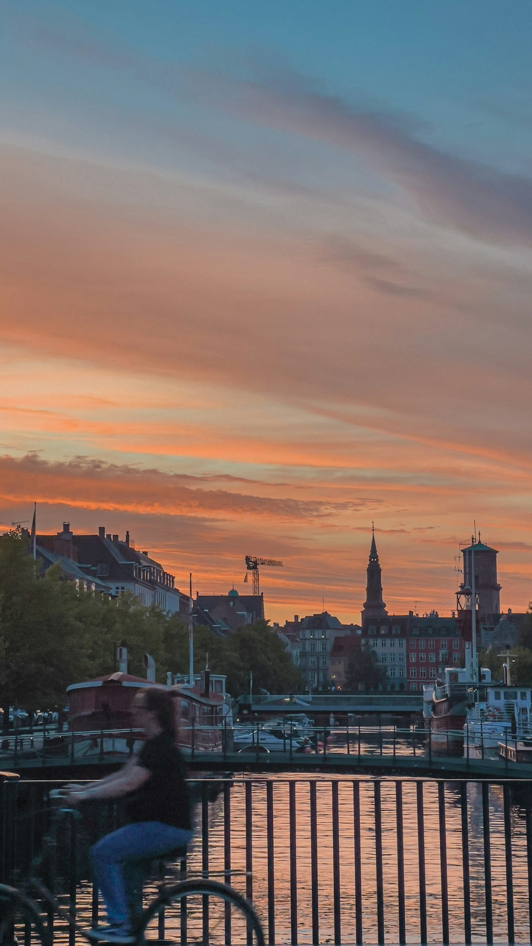 Cyclist crossing a bridge in Copenhagen at dusk